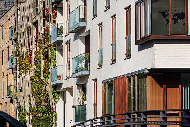 Contemporary high-density blocks of apartments in the Sluseholmen area of Copenhagen, featuring different building materials and designs on the facades of the buildings to break up the otherwise monotonous style common to similar developments seen elsewhere.