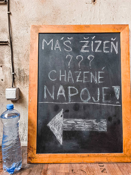 istock Blackboard indicating cold drinks with bottle of water and czech text 2240562350