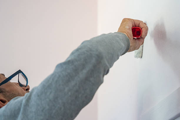 Man painting wall with roller in home interior renovation project, back view