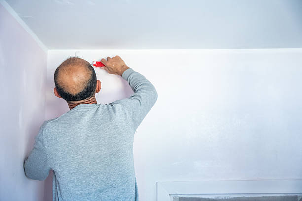Man painting wall with roller in home interior renovation project, back view
