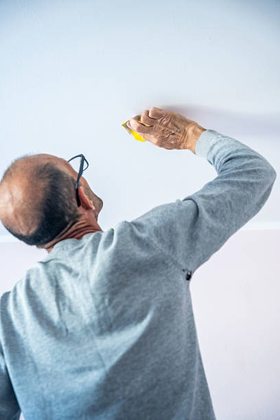 istock Man painting wall with roller in home interior renovation project, back view 2240563662