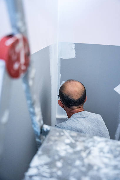 Man painting a wall in a stairwell using a roller, viewed from behind through ladder