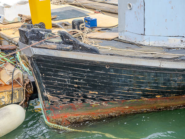 A wooden boat hull material aged by time