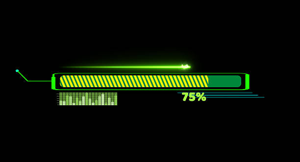 Progress bar animation with laser shoot on callout and loading bar inside green yellow fill tone with numeric and 75 percent text and bar graph motion on the black screen