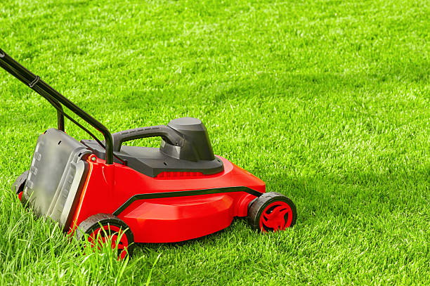 istock A red and black lawn mower stands on a green lawn. 2240568252