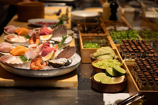 Fresh seafood platter with vibrant garnishes and condiments on display