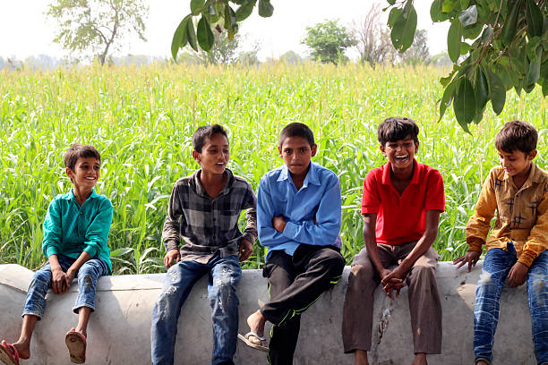 Five young boys sit along a low wall beside a lush cornfield, smiling and laughing in casual shirts. A relaxed, rural scene evoking friendship, youth, and outdoor leisure.