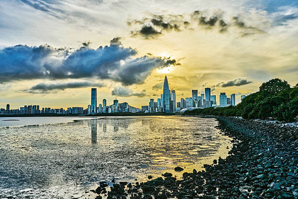 Shenzhen city financial district skyline and ocean scenery
