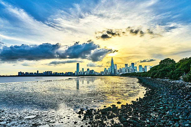 Shenzhen city financial district skyline and ocean scenery