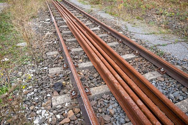 Rusty abandoned railroad tracks showing decay and overgrowth