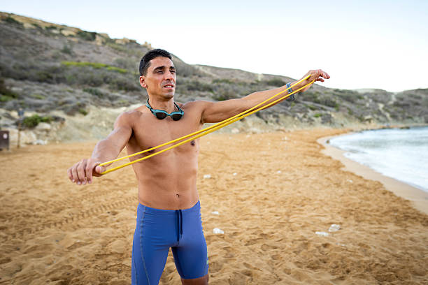 Professional triathlete before swimming in river's open water