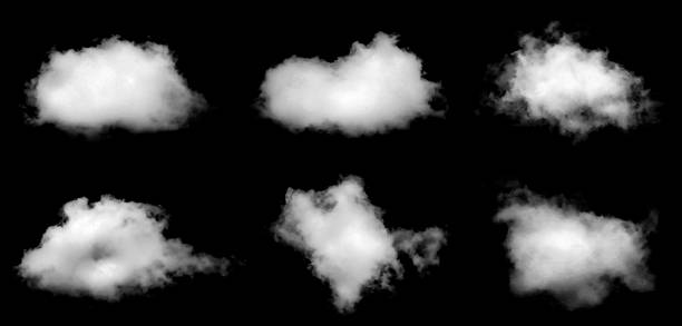 Set of white fluffy clouds isolated on black background, representing softness, atmosphere, and dreamy texture. Perfect for digital art, weather design, or sky-themed creative projects.