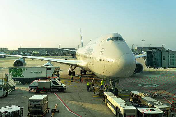 Frankfurt am Main, Germany. October 11, 2025. Aircraft preparation work for flight at the airport in the morning light