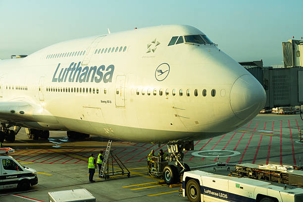 Frankfurt am Main, Germany. October 11, 2025. Aircraft preparation work for flight at the airport in the morning light