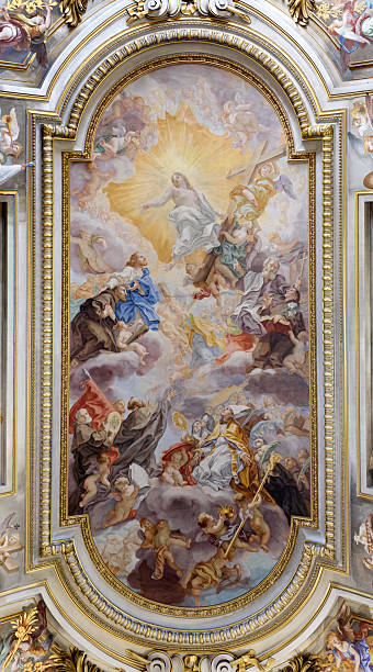 Rome, Italy - August 25, 2025: Church of the Twelve Holy Apostles. Dedicated originally to St. James the less and St. Philip whose relics are kept here, and later to all Apostles. In this photo, the fresco decorating the vault painted by Giovanni Battista Gaulli - called il Baciccio - in 1707.