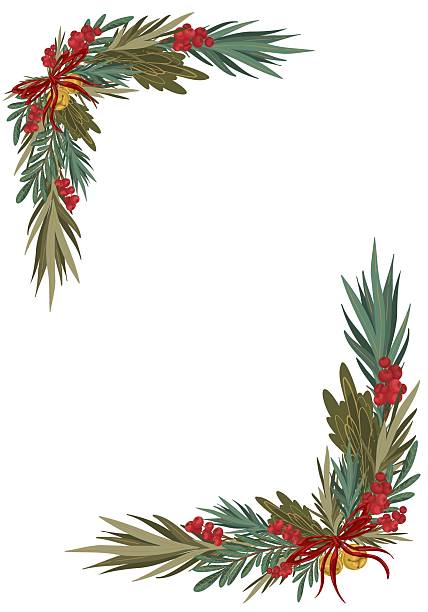 Christmas decorative frame elements set: corner, border, and banner with fir branches, toys, and holly. Hand drawn vector illustration