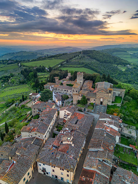 istock Panzano in Chianti at dusk, Tuscan town from drone 2240587843