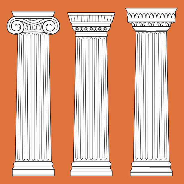 Ancient Greek columns. Vintage symbol of Greece, Athens classic aesthetic art, sculpture and architecture. Marble stone pillars, Doric, Ionic and Corinthian Columns. Black and white. Vector illustration