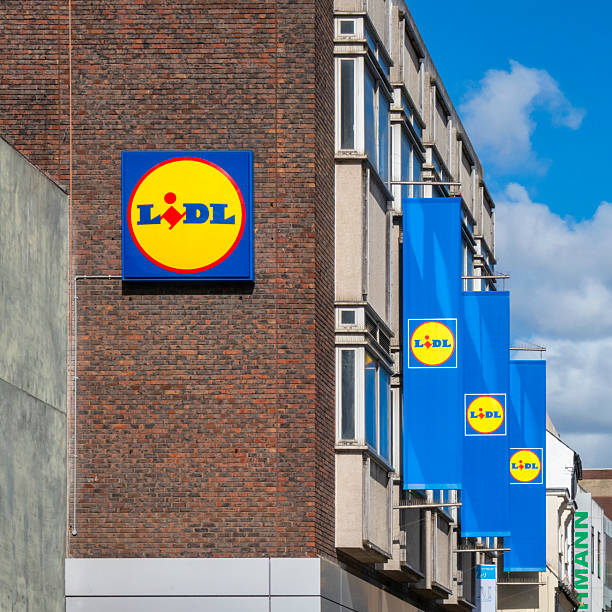 Bromley, Greater London, United Kingdom - September 22, 2025: A row of banner signs outside a branch of the Lidl discount supermarket chain in the High Street, Bromley, Kent (South East London). Lidl is one of the most popular supermarkets in the UK.