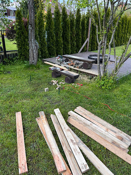 istock Backyard with Wooden Deck, Fire Pit, and Evergreen Trees 2240592506