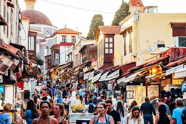 Crowded market street in Rhodes Old Town. Rhodes, Greece