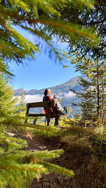 istock Relaxing on a bench surrounded by mountains and trees during a sunny day in nature 2240595157