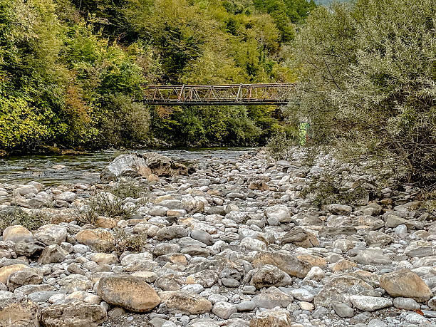 istock A serene riverbank with stones and a rustic bridge, surrounded by lush greenery for relaxation 2240596786