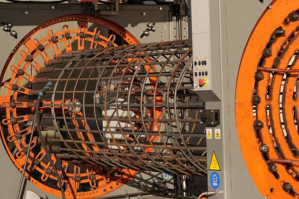 A welding machine for reinforcement cages at a metallurgical plant. Industrial equipment with metal rods and orange mechanical parts on the factory floor.