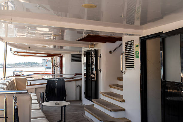 Yacht stern deck with teak flooring and stainless railings