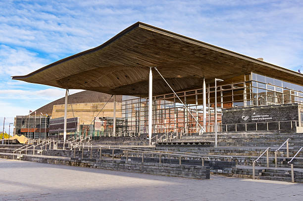 Cardiff, Wales UK - 5 October 2025:  Front exterior view of the Senedd Welsh Parliament building in Cardiff Bay.