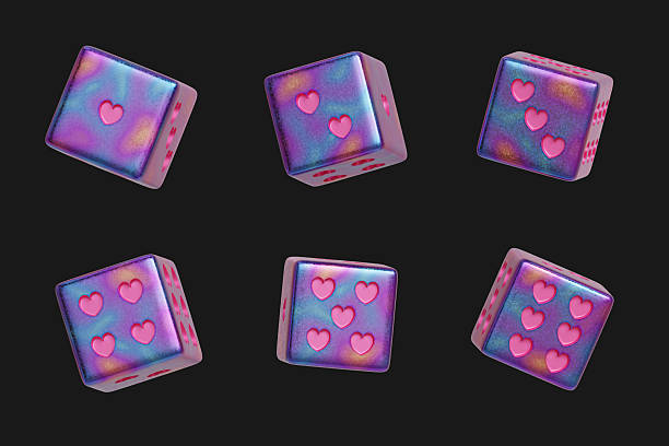 Abstract holographic hologram heart dice in six side isolated background 3d rendering