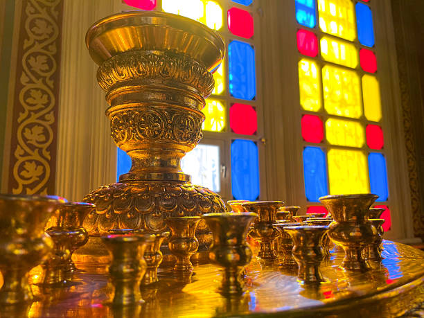 istock Ornate Brass Candle Holders with Stained Glass Window 2240616700