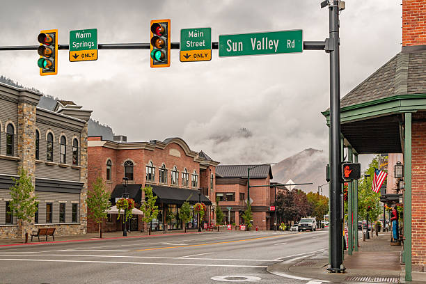 Ketchum, ID, US-August 27, 2025: Street scene in historic downtown of this small town with its quaint streets with brick buildings and trendy shops and restaurants.