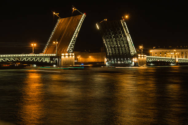 View of Dvortsovy (Palace) Bridge in Saint Petersburg, illuminated at night