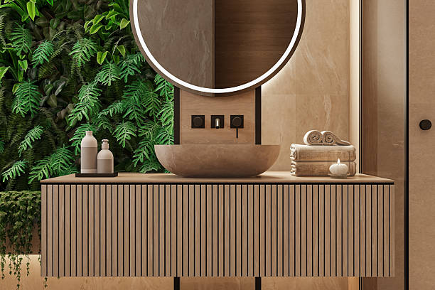 istock Japandi-Inspired Luxury Bathroom with Vertical Garden and Floating Vanity 2240629882