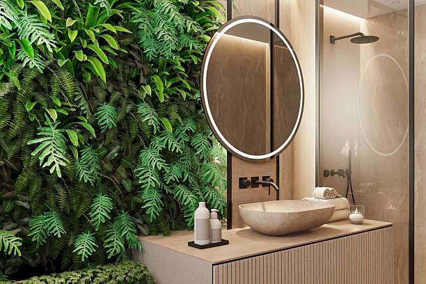 istock Japandi-Inspired Luxury Bathroom with Vertical Garden and Floating Vanity 2240630295