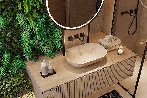 istock Japandi-Inspired Luxury Bathroom with Vertical Garden and Floating Vanity 2240631499