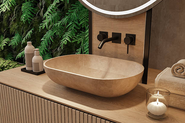 istock Japandi-Inspired Luxury Bathroom with Vertical Garden and Floating Vanity 2240631586