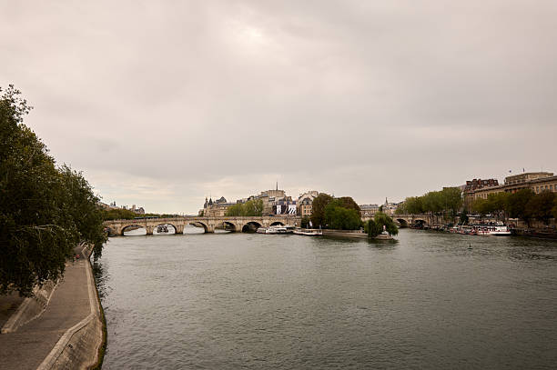 Seine river flowing past pont neuf and cityscape on a cloudy day
