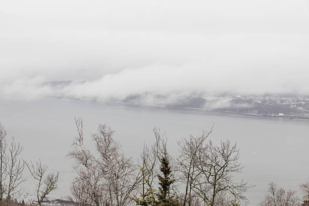Winter landscape featuring a calm body of water, snow-covered banks, and a band of low clouds drifting over distant hills. Foreground shows bare trees framing the tranquil, frost-filled scene.