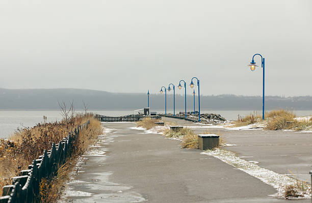 A tranquil winter scene along a lakeside pier where blue street lamps line the walkway. Snow patches dot the pavement as a distant, misty shoreline fades into the overcast horizon.