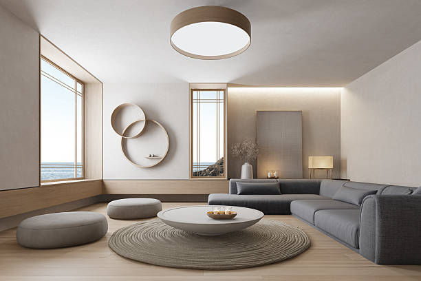 istock Japandi Living Room with Ocean View and Sculptural Decor 2240635345