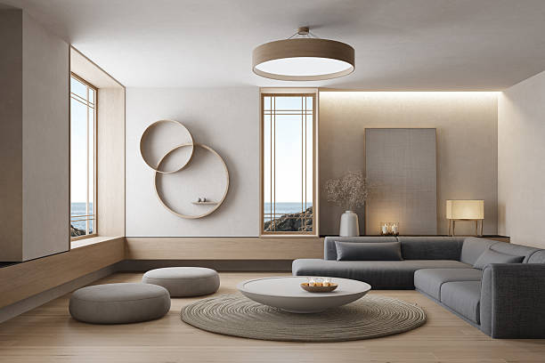 istock Japandi Living Room with Ocean View and Sculptural Decor 2240635353