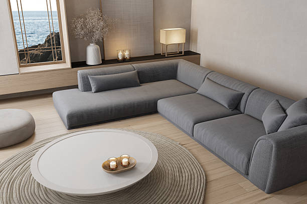istock Japandi Living Room with Ocean View and Sculptural Decor 2240635379