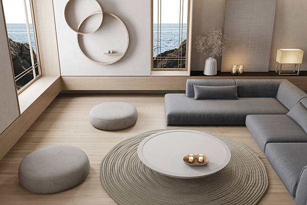 istock Japandi Living Room with Ocean View and Sculptural Decor 2240635394