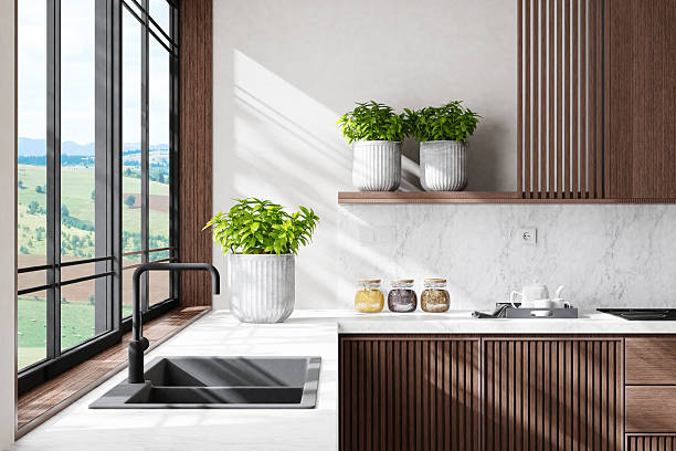 istock Modern Dual-Wall Kitchen with Dark Wood Cabinets and Marble Surfaces 2240643538