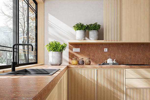 istock Scandinavian Country Kitchen with Pine Wood Cabinets and Open Layout 2240650989