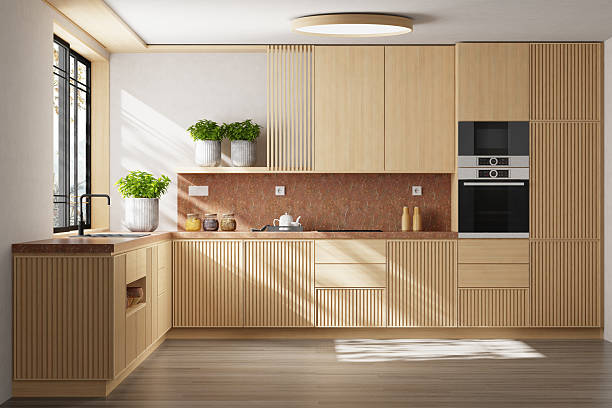 istock Scandinavian Country Kitchen with Pine Wood Cabinets and Open Layout 2240650993