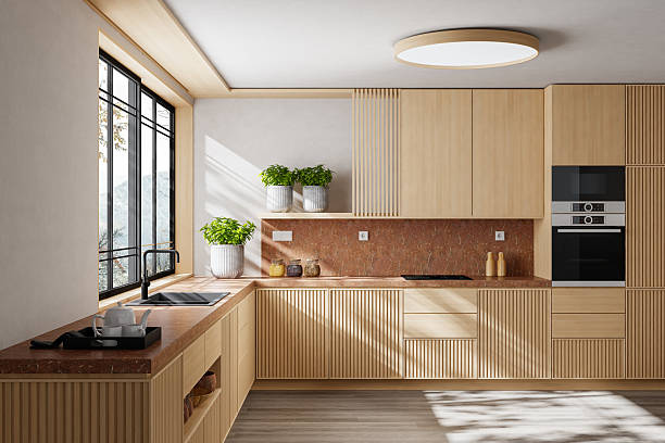 istock Scandinavian Country Kitchen with Pine Wood Cabinets and Open Layout 2240651050