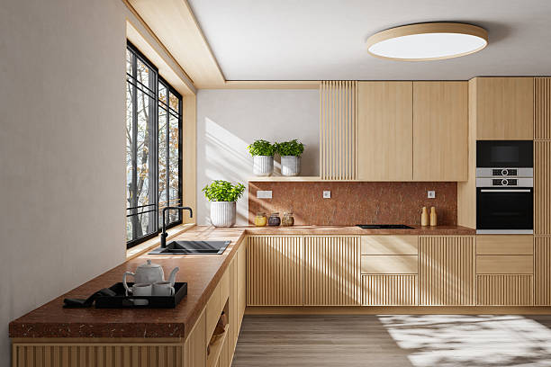 istock Scandinavian Country Kitchen with Pine Wood Cabinets and Open Layout 2240651062
